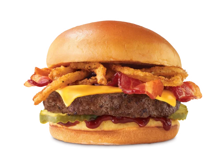 Arby’s BBQ Bacon Burger with crispy bacon, cheese, onion rings, and BBQ sauce on a toasted bun