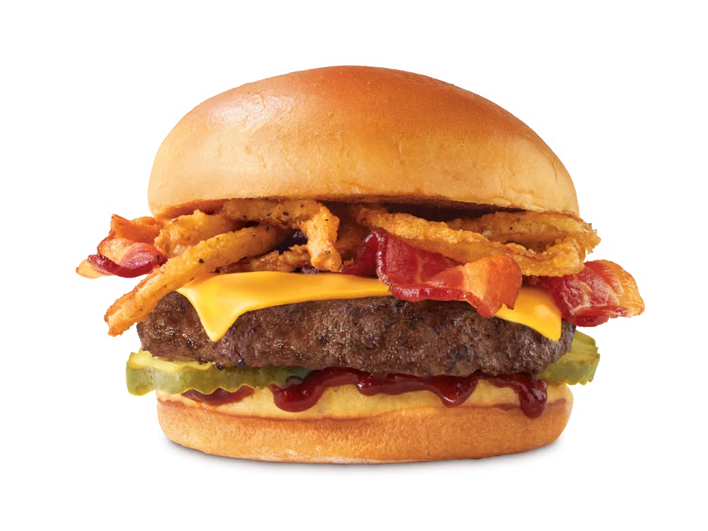 Arby’s BBQ Bacon Burger with crispy bacon, cheese, onion rings, and BBQ sauce on a toasted bun