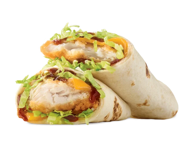 Arby’s BBQ Chicken Wrap with crispy chicken, lettuce, cheese, and smoky BBQ sauce in a tortilla