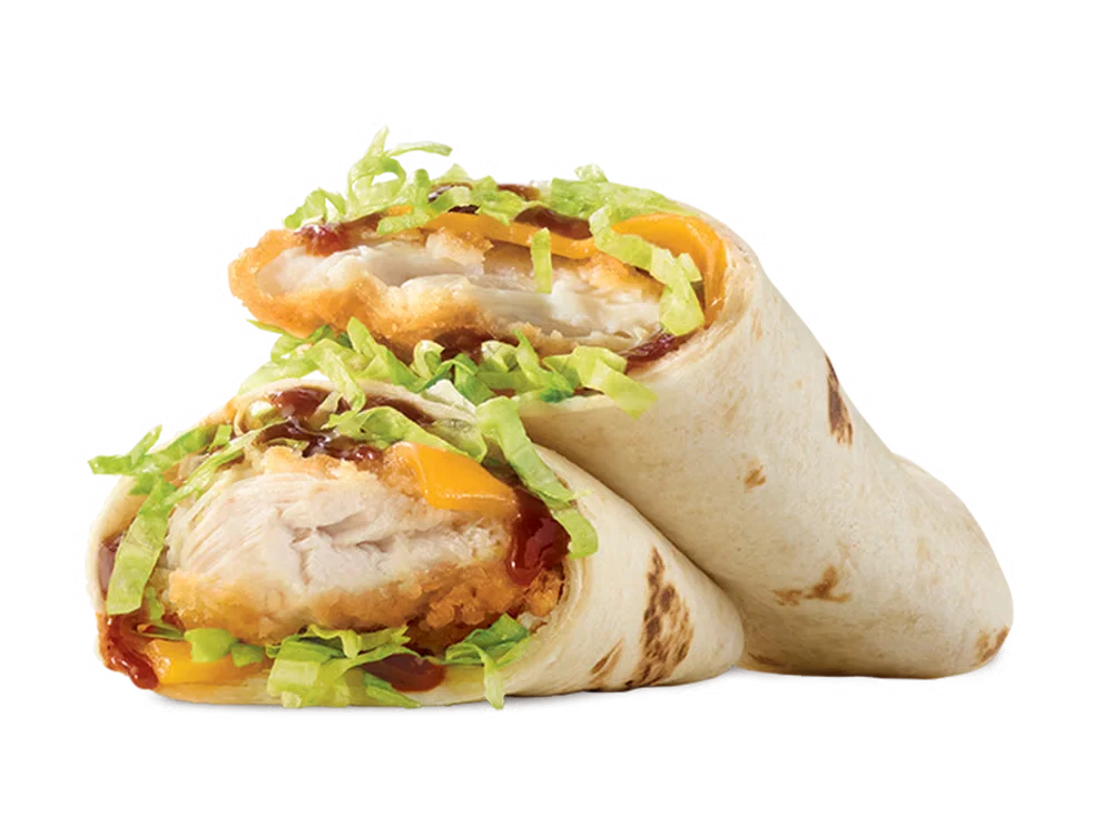 Arby’s BBQ Chicken Wrap with crispy chicken, lettuce, cheese, and smoky BBQ sauce in a tortilla