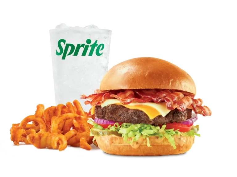 Arby’s Big Cheesy Bacon Burger Meal with curly fries and a drink