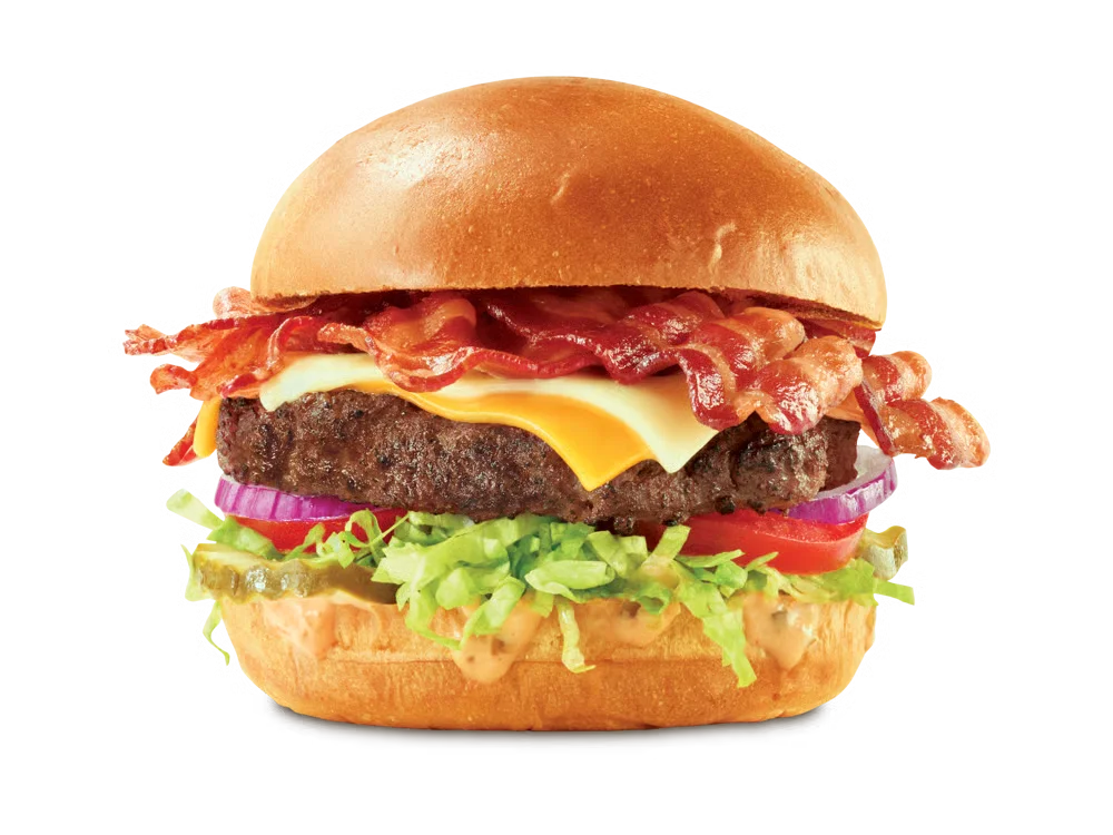 Arby’s Big Cheesy Bacon Burger with melted cheese, crispy bacon, and sauce on a toasted bun