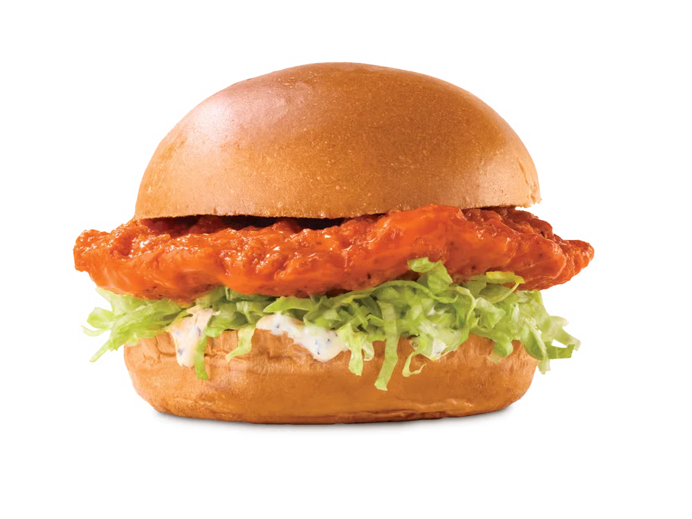 Arby’s Buffalo Chicken Sandwich with crispy chicken, spicy buffalo sauce, and ranch on a toasted bun