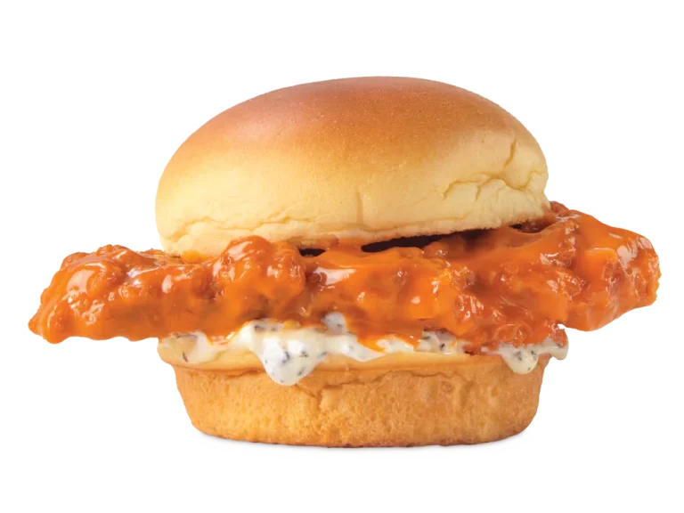 Arby’s Buffalo Chicken Slider with crispy chicken, buffalo sauce, and cheese on a soft slider bun