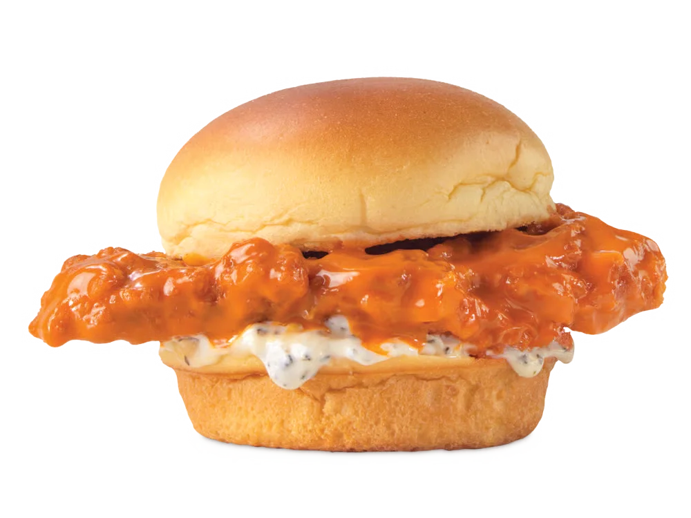 Arby’s Buffalo Chicken Slider with crispy chicken, buffalo sauce, and cheese on a soft slider bun