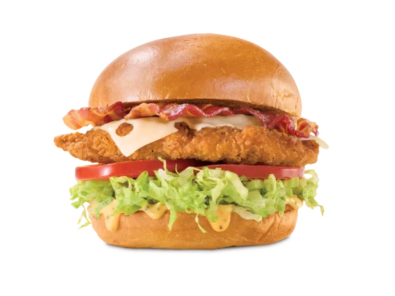 Arby’s Chicken Bacon Swiss Sandwich with crispy chicken, bacon, Swiss cheese, lettuce, tomato, and honey mustard on a toasted bun