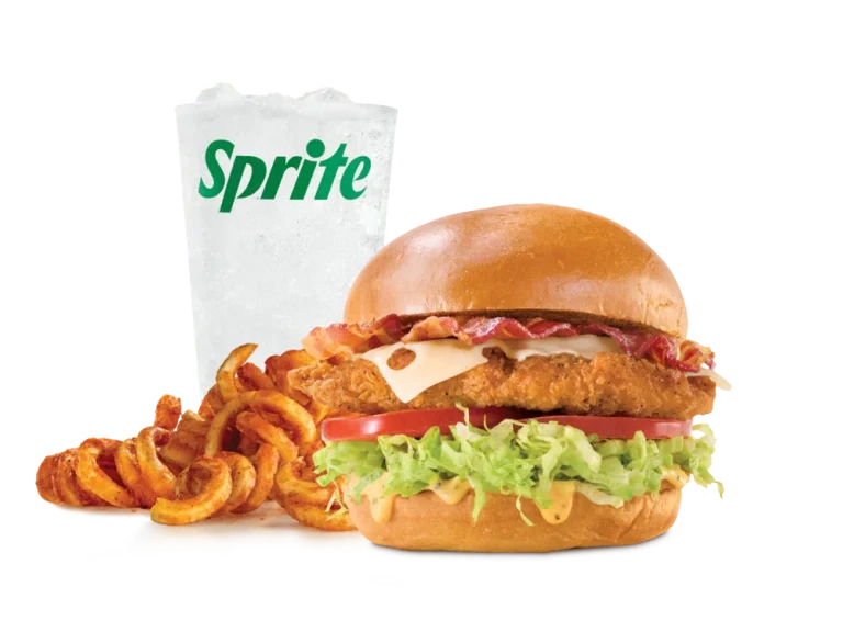 Arby’s Chicken Bacon Swiss Sandwich Meal with curly fries and a drink