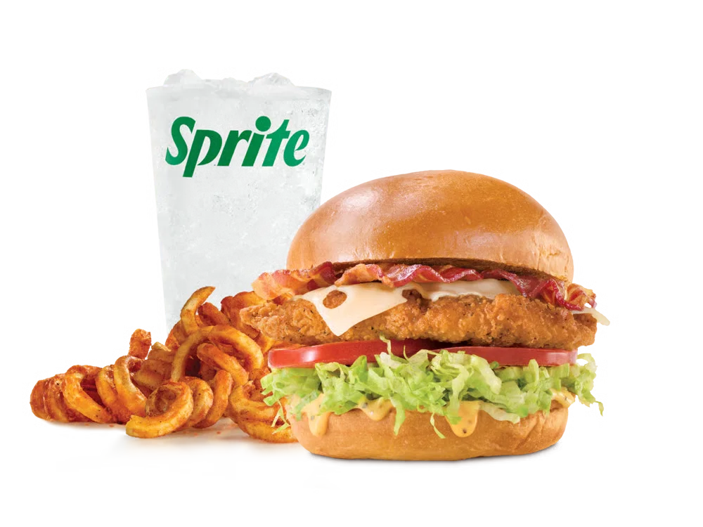 Arby’s Chicken Bacon Swiss Sandwich Meal with curly fries and a drink