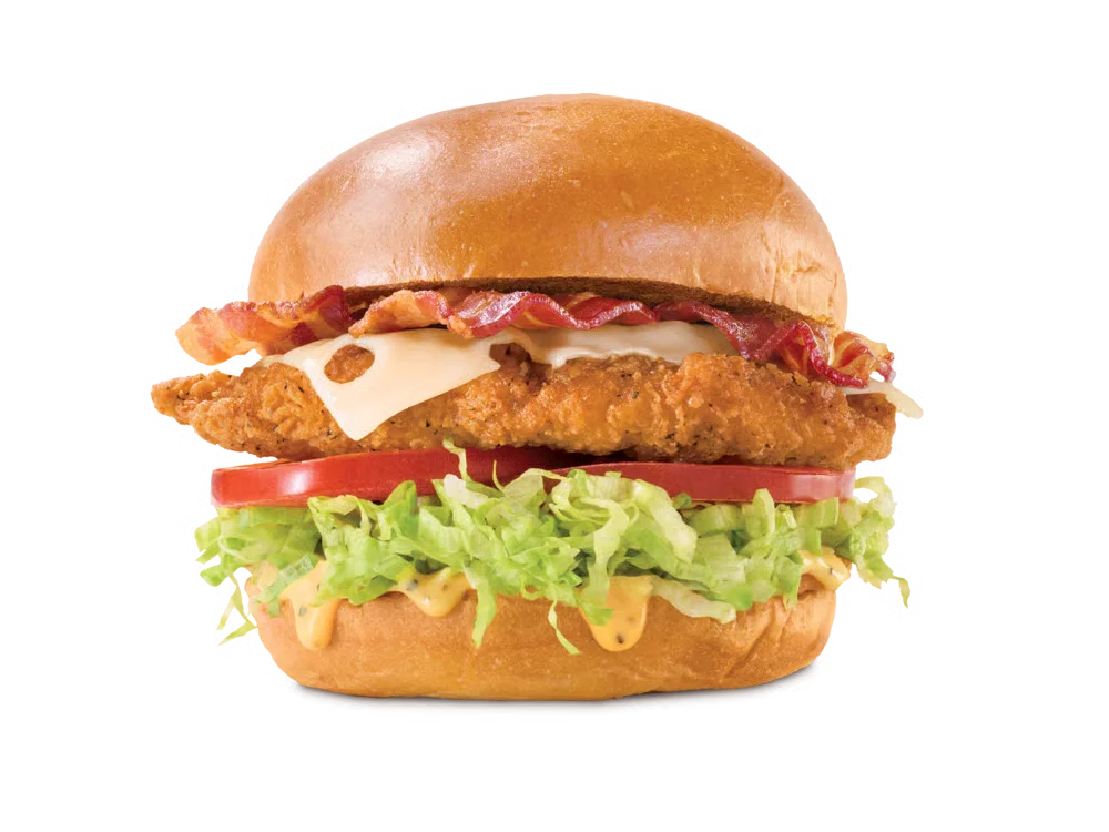 Arby’s Chicken Bacon Swiss Sandwich with crispy chicken, bacon, Swiss cheese, lettuce, tomato, and honey mustard on a toasted bun