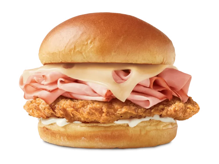 Arby’s Chicken Cordon Bleu sandwich with crispy chicken, Swiss cheese, ham, and mayo on a toasted bun