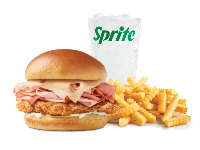 Arby’s Chicken Cordon Bleu Meal with curly fries and a drink