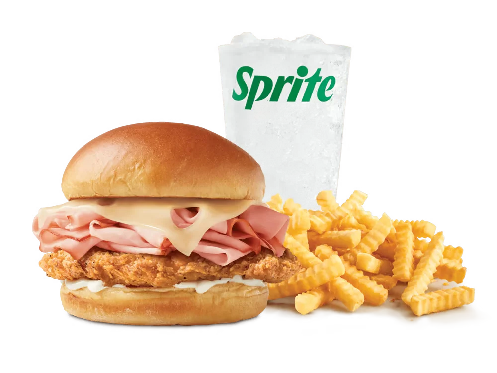 Arby’s Chicken Cordon Bleu Meal with curly fries and a drink