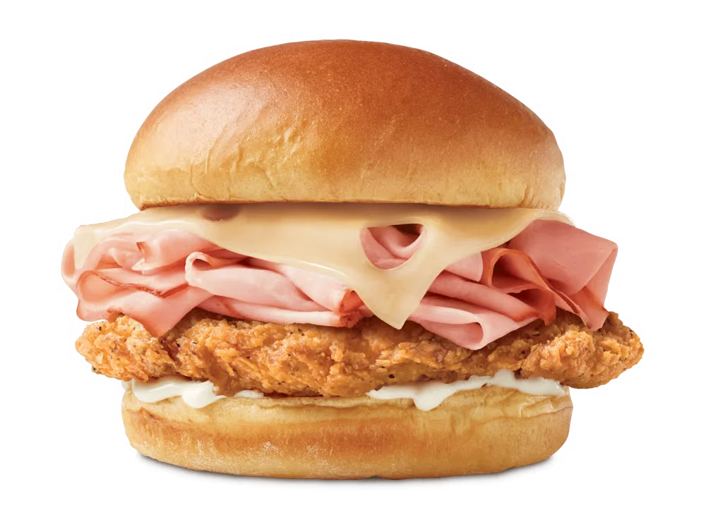 Arby’s Chicken Cordon Bleu sandwich with crispy chicken, Swiss cheese, ham, and mayo on a toasted bun