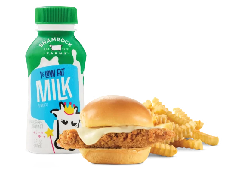 Arby’s Chicken Slider Kids Meal with crispy chicken slider, fries or applesauce, and a small drink