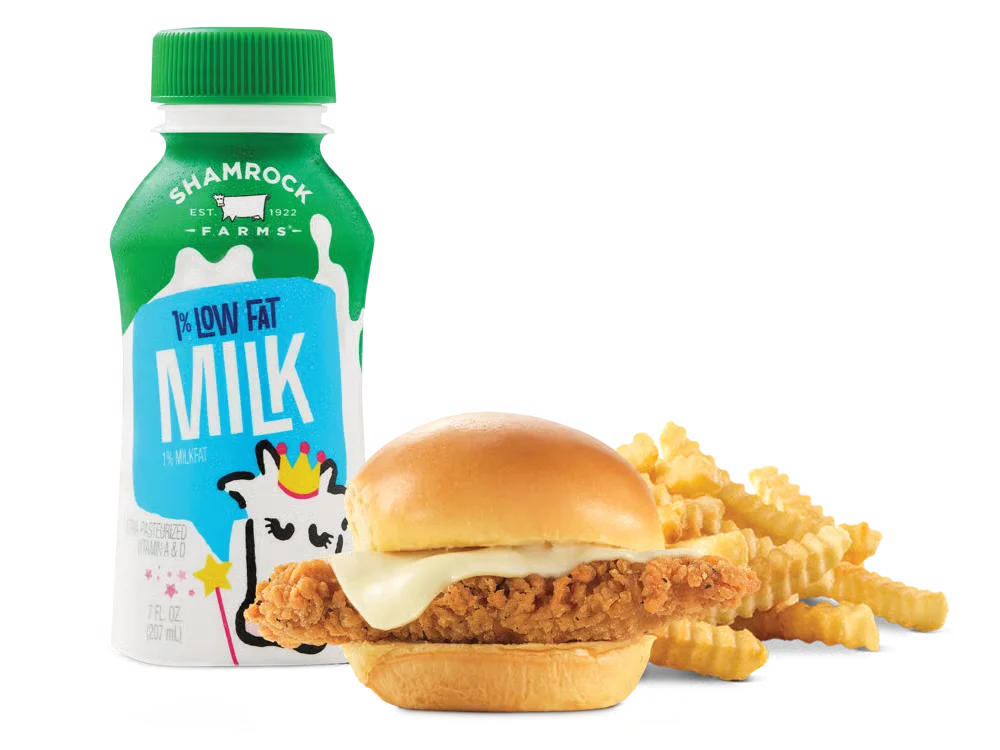 Arby’s Chicken Slider Kids Meal with crispy chicken slider, fries or applesauce, and a small drink