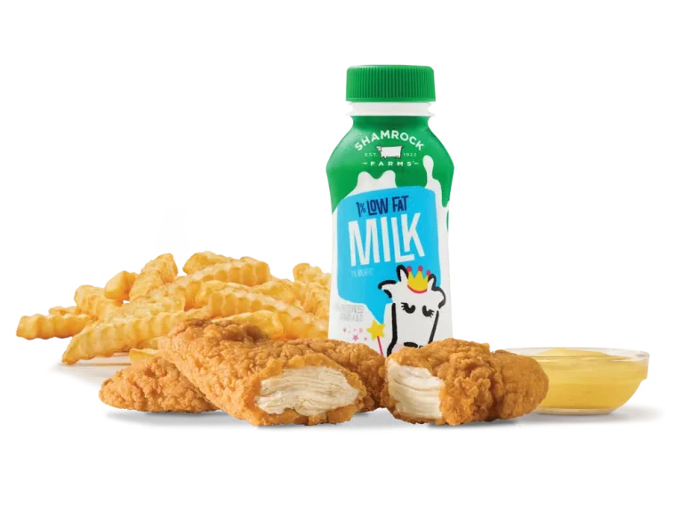 Arby’s Chicken Tenders 2PC Kids Meal with dipping sauce, fries or applesauce, and a drink