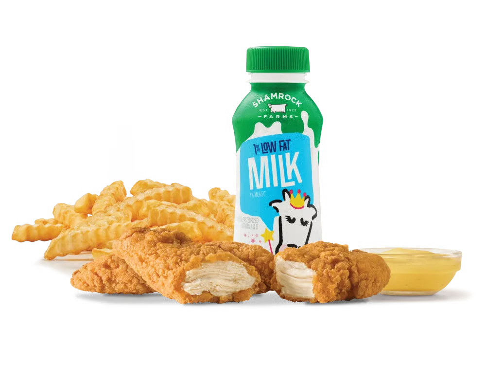 Arby’s Chicken Tenders 2PC Kids Meal with dipping sauce, fries or applesauce, and a drink