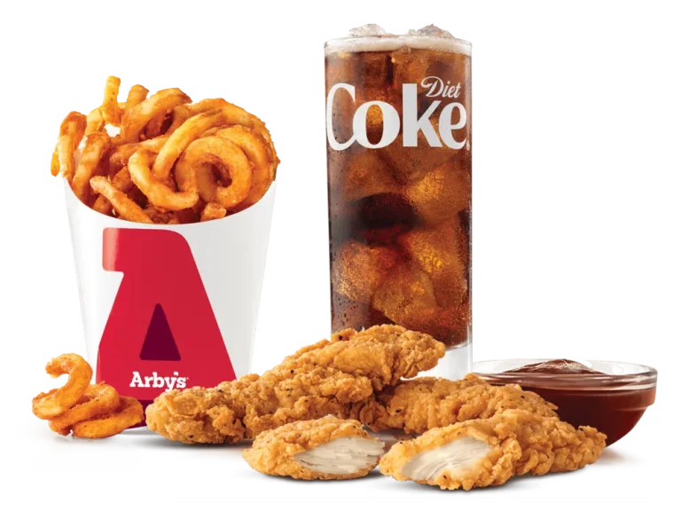 Arby’s Chicken Tenders 3PC Meal with curly fries, dipping sauce, and a drink