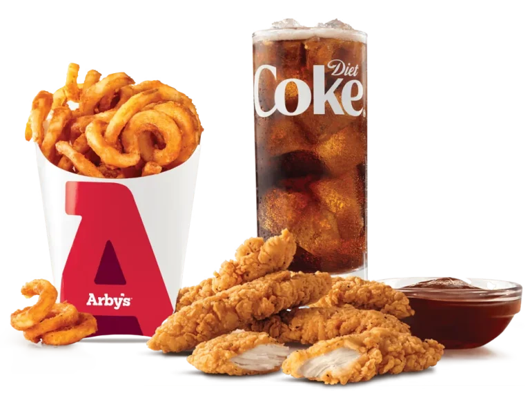Arby’s Chicken Tenders 5PC Meal with curly fries, dipping sauce, and a drink
