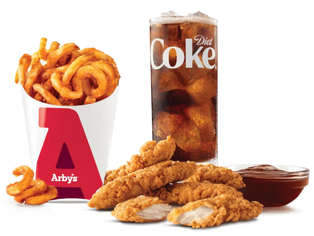 Arby’s Chicken Tenders 5PC Meal with curly fries, dipping sauce, and a drink