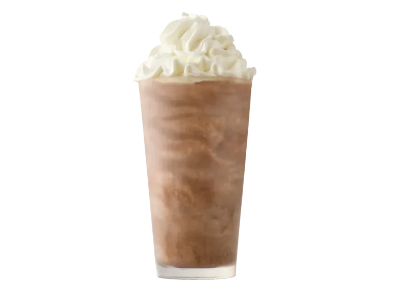 Arby’s Chocolate Shake in a clear cup topped with whipped cream