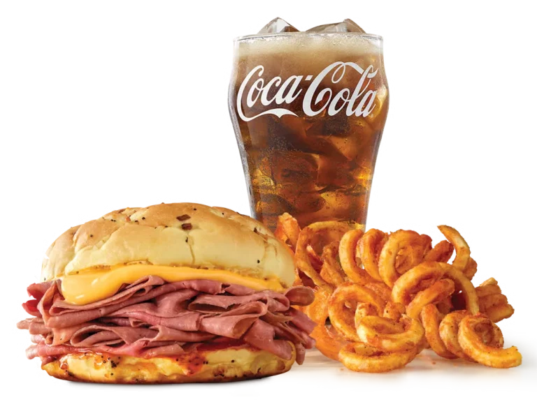 Arby’s Classic Beef 'n Cheddar Meal with curly fries and a drink