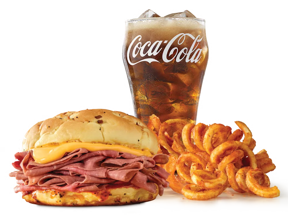 Arby’s Classic Beef 'n Cheddar Meal with curly fries and a drink