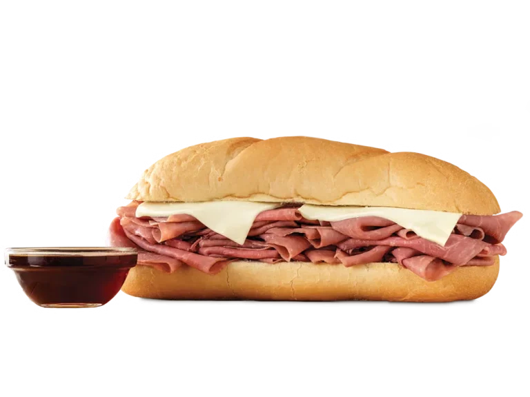 Arby’s Classic French Dip & Swiss sandwich with roast beef and Swiss cheese on a toasted sub roll, served with au jus