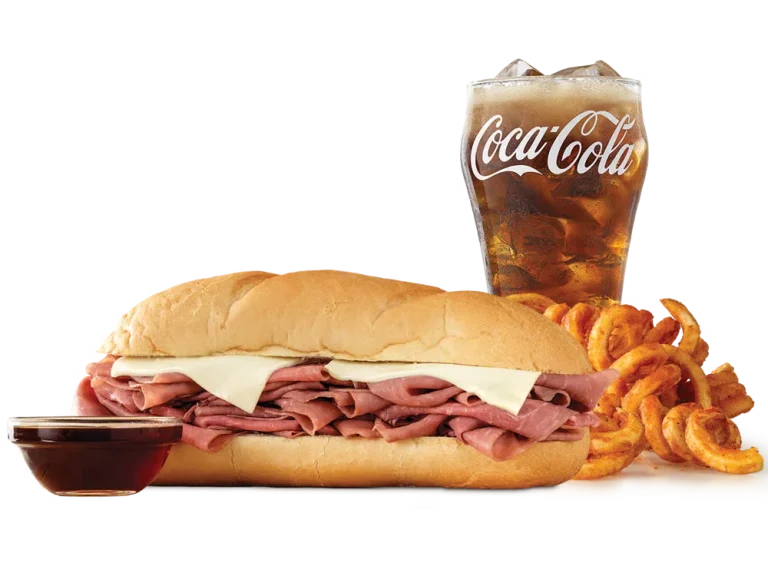 Arby’s Classic French Dip & Swiss Meal with curly fries and a drink