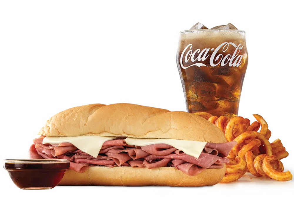Arby’s Classic French Dip & Swiss Meal with curly fries and a drink