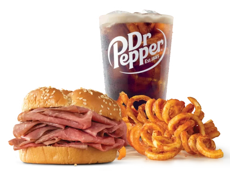 Arby’s Classic Roast Beef Meal with curly fries and a drink