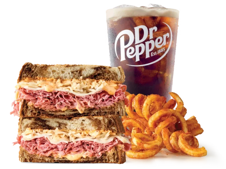 Arby’s Corned Beef Reuben Meal with curly fries and a drink