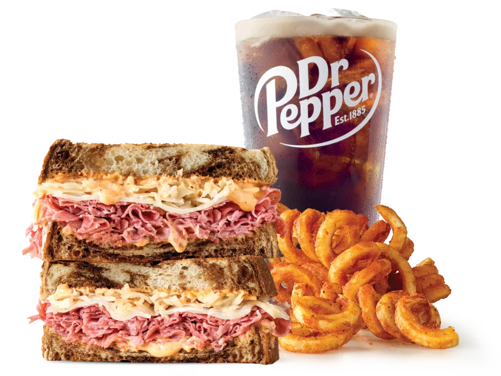 Arby’s Corned Beef Reuben Meal with curly fries and a drink