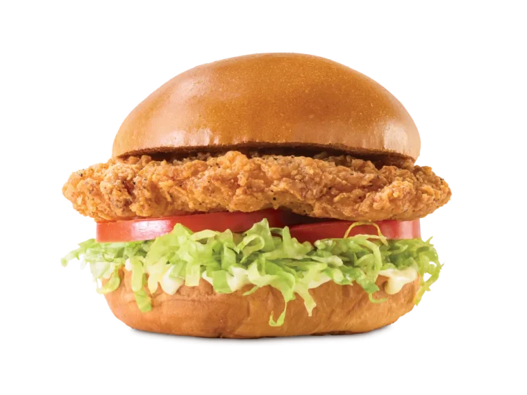 Arby’s Crispy Chicken Sandwich with breaded chicken filet, lettuce, tomato, and mayo on a toasted bun