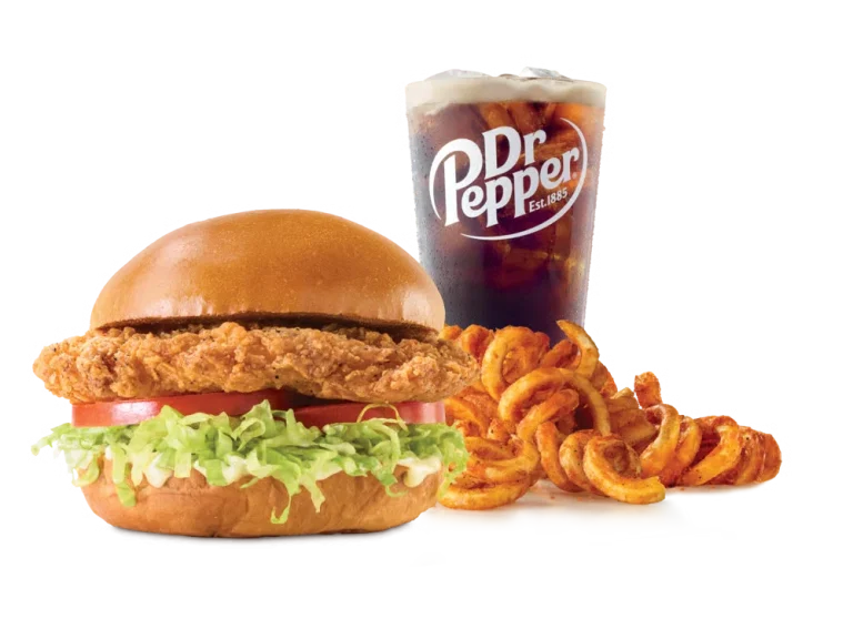 Arby’s Crispy Chicken Sandwich Meal with curly fries and a drink