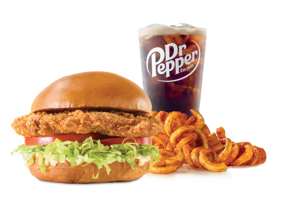 Arby’s Crispy Chicken Sandwich Meal with curly fries and a drink