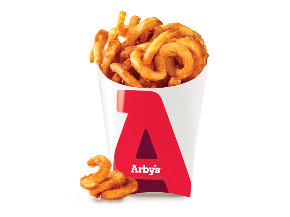 Arby’s Curly Fries served golden brown in a branded container