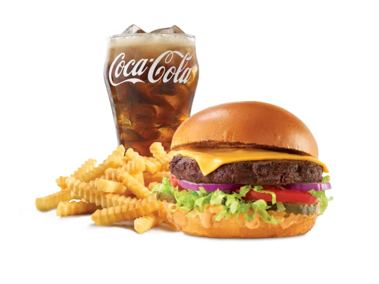 Arby’s Deluxe Burger Meal with curly fries and a drink