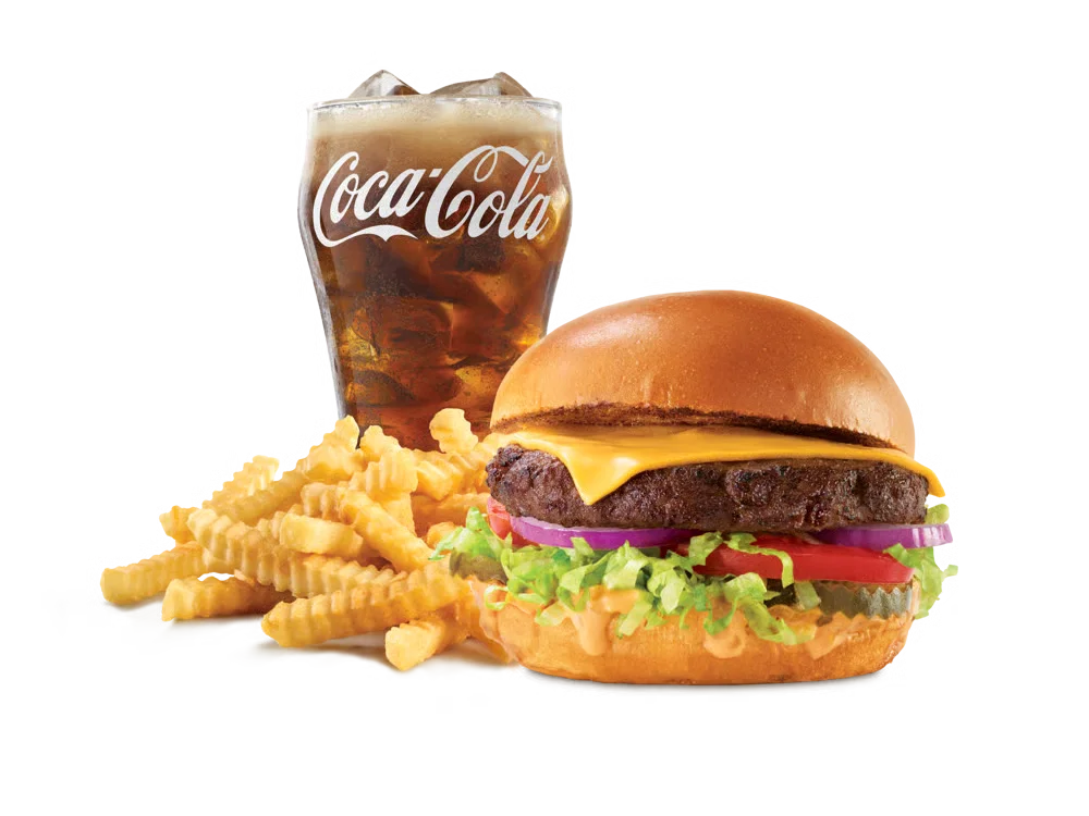 Arby’s Deluxe Burger Meal with curly fries and a drink