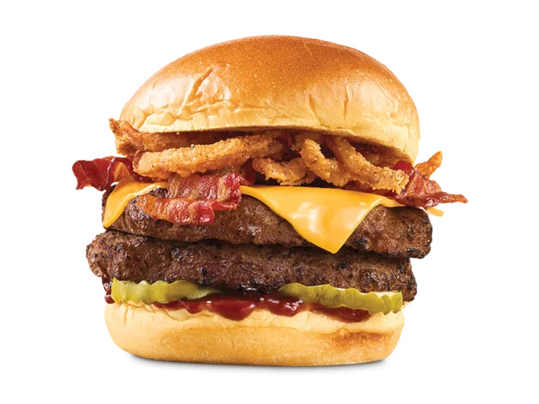 Arby’s Double BBQ Bacon Burger with two beef patties, bacon, cheese, onion rings, and BBQ sauce on a toasted bun