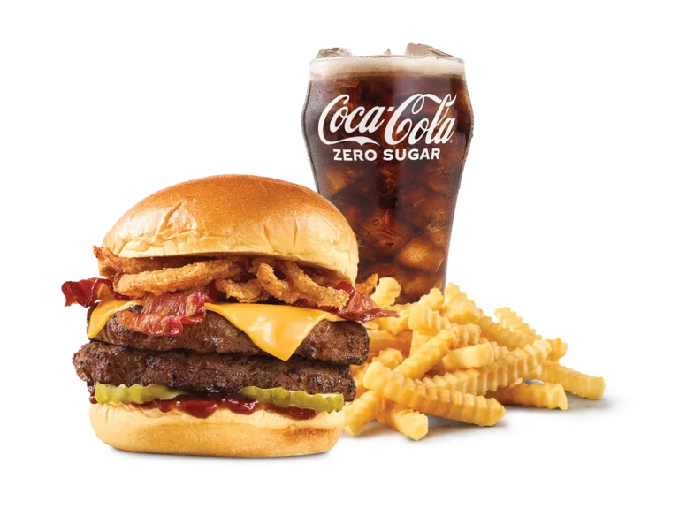 Arby’s Double BBQ Bacon Burger Meal with curly fries and a drink