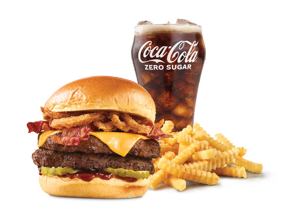 Arby’s Double BBQ Bacon Burger Meal with curly fries and a drink