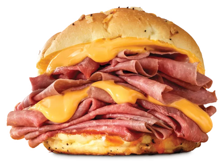Arby’s Double Beef 'n Cheddar sandwich with extra roast beef, cheddar cheese sauce, and red ranch on a toasted onion roll