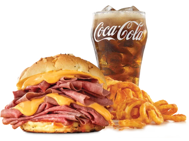 Arby’s Double Beef 'n Cheddar Meal with curly fries and a drink