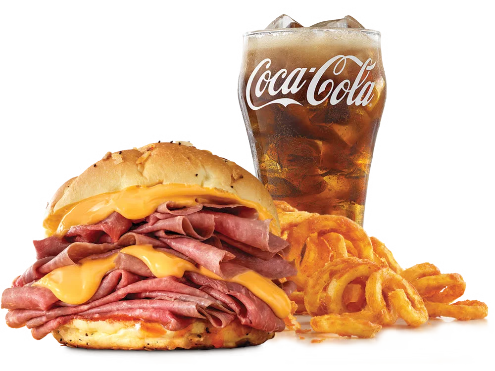 Arby’s Double Beef 'n Cheddar Meal with curly fries and a drink