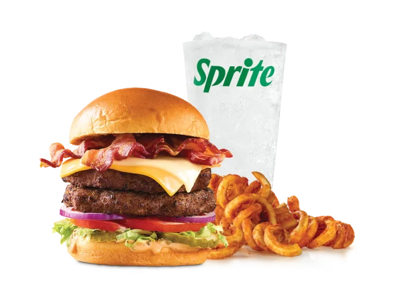 Arby’s Double Big Cheesy Bacon Burger Meal with curly fries and a drink