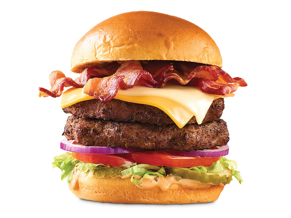 Arby’s Double Big Cheesy Bacon Burger with two beef patties, bacon, three cheeses, and burger sauce on a toasted bun