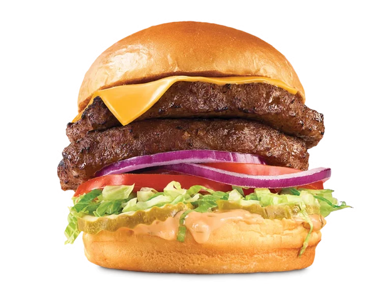 Arby’s Double Deluxe Burger with two beef patties, cheese, lettuce, tomato, and pickles