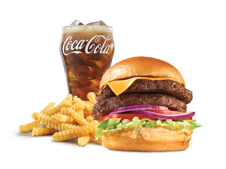 Arby’s Double Deluxe Burger Meal with curly fries and a drink