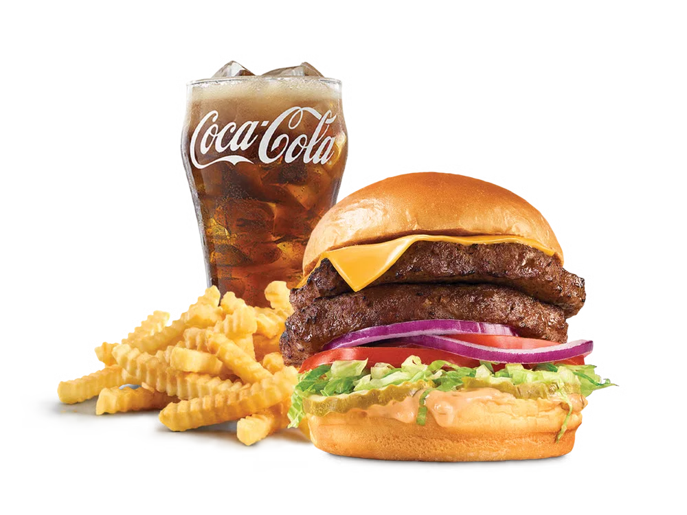 Arby’s Double Deluxe Burger Meal with curly fries and a drink